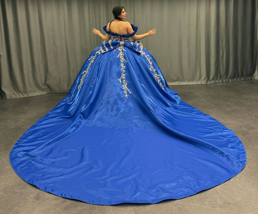 HE175-Hermoso vestido de princesa para quinceañera, con hombros descubiertos, satén, encaje, cuentas, vestido de fiesta de dulces 16 con lazo