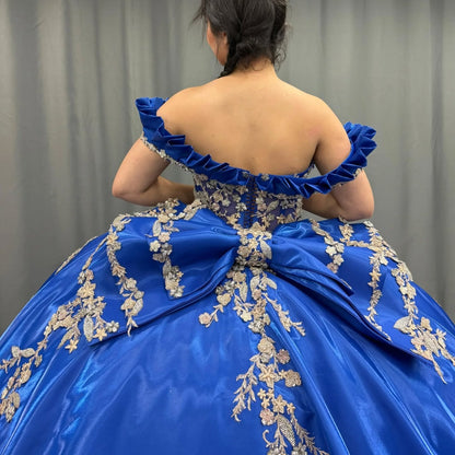 HE175-Hermoso vestido de princesa para quinceañera, con hombros descubiertos, satén, encaje, cuentas, vestido de fiesta de dulces 16 con lazo