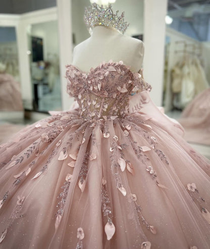 HE226 - Vestido de quinceañera con hombros descubiertos, tul, flores 3D, sin mangas, para fiesta de cumpleaños y graduación