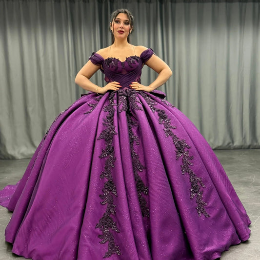 HE168 - Vestido de quinceañera de satén con hombros descubiertos y apliques de encaje, estilo princesa, para fiesta de graduación y cumpleaños