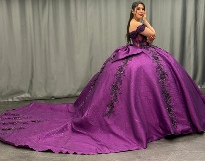HE168 - Vestido de quinceañera de satén con hombros descubiertos y apliques de encaje, estilo princesa, para fiesta de graduación y cumpleaños