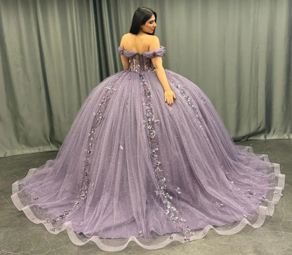HE167 - Hermoso vestido de quinceañera con hombros descubiertos, vestido de baile de tul con encaje y cuentas, vestido de princesa para fiesta de cumpleaños y graduación para dulces 16