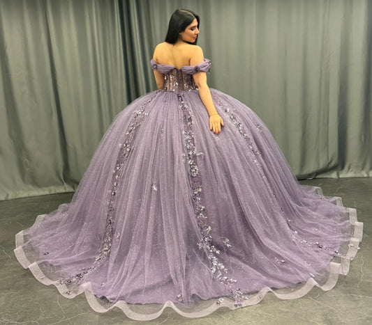 HE167 - Hermoso vestido de quinceañera con hombros descubiertos, vestido de baile de tul con encaje y cuentas, vestido de princesa para fiesta de cumpleaños y graduación para dulces 16