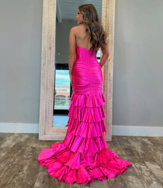HE127-Vestido de fiesta largo rosa intenso con escote corazón y abertura, corte sirena, satén, volantes, vestidos formales, corsé, tallas grandes, vestidos de fiesta de noche