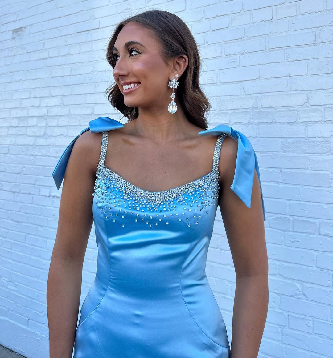 HE184-Mermaid Satin Sequin Beaded Long Prom Dresses Spaghetti Straps Blue Evening Gowns Long Train Sleeveless Formal Party Dress for Women