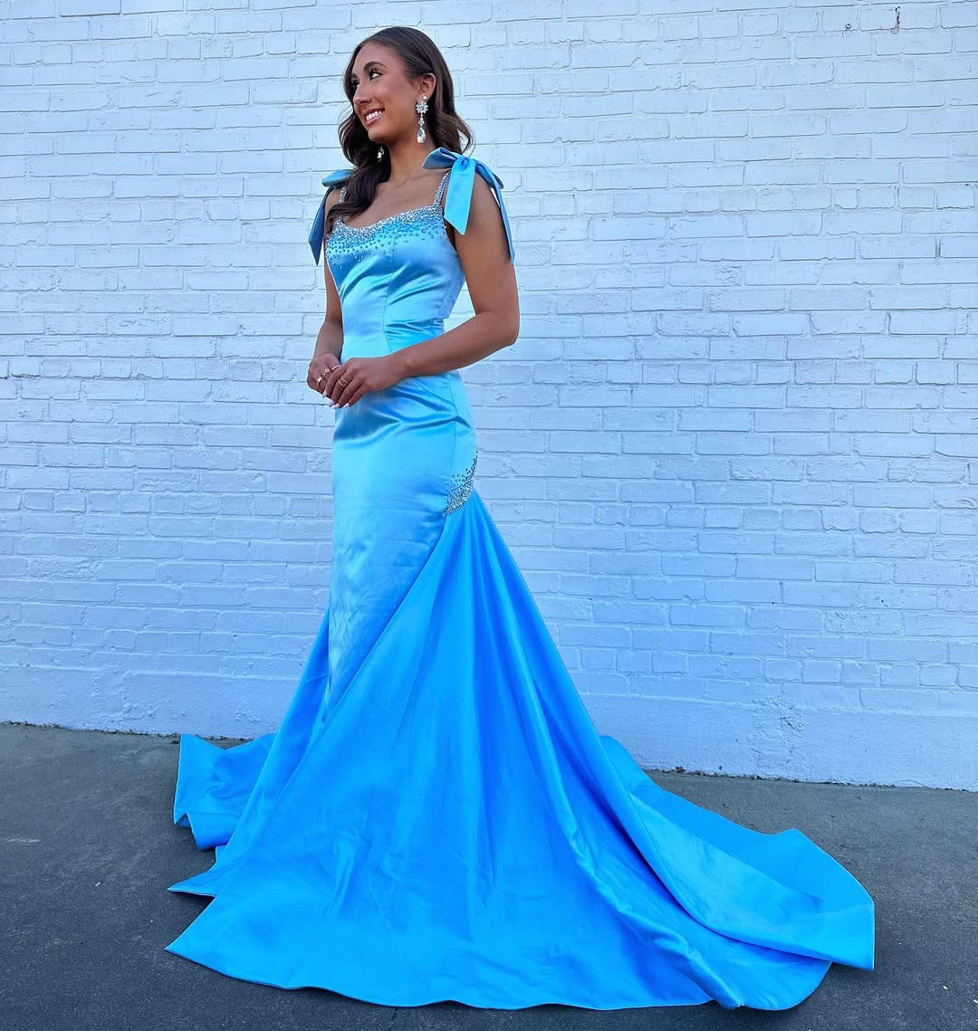 HE184-Mermaid Satin Sequin Beaded Long Prom Dresses Spaghetti Straps Blue Evening Gowns Long Train Sleeveless Formal Party Dress for Women