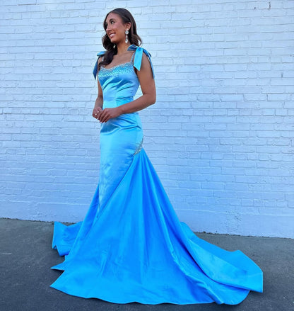 HE184-Mermaid Satin Sequin Beaded Long Prom Dresses Spaghetti Straps Blue Evening Gowns Long Train Sleeveless Formal Party Dress for Women