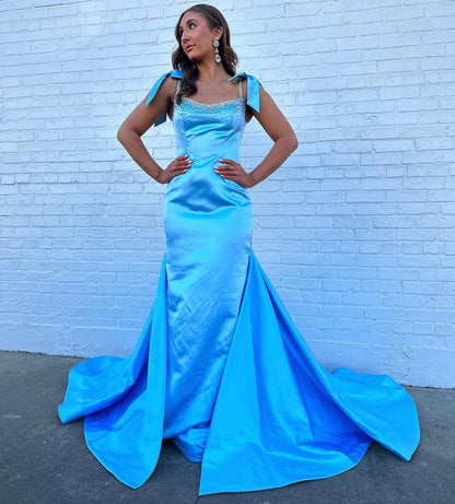 HE184-Mermaid Satin Sequin Beaded Long Prom Dresses Spaghetti Straps Blue Evening Gowns Long Train Sleeveless Formal Party Dress for Women