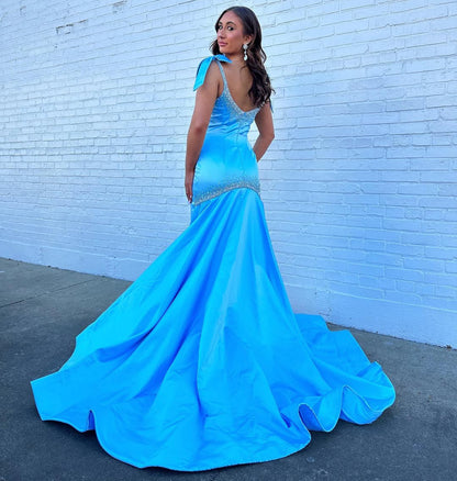 HE184-Mermaid Satin Sequin Beaded Long Prom Dresses Spaghetti Straps Blue Evening Gowns Long Train Sleeveless Formal Party Dress for Women