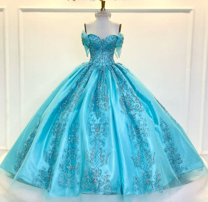 HE240-Precioso vestido de princesa para quinceañera, de tul, con encaje y cuentas, para fiesta de cumpleaños y graduación de 16 años