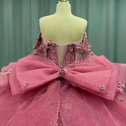 HE173 - Hermosos vestidos de quinceañera con hombros descubiertos, vestido de princesa con apliques de encaje de tul brillante y lazo.