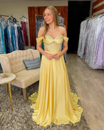 HE141-Vestidos de fiesta largos de satén con cuentas y hombros descubiertos para mujer, vestidos de noche con corsé en forma de A