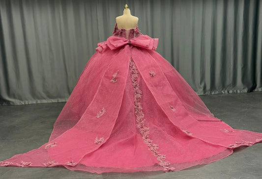 HE173 - Hermosos vestidos de quinceañera con hombros descubiertos, vestido de princesa con apliques de encaje de tul brillante y lazo.