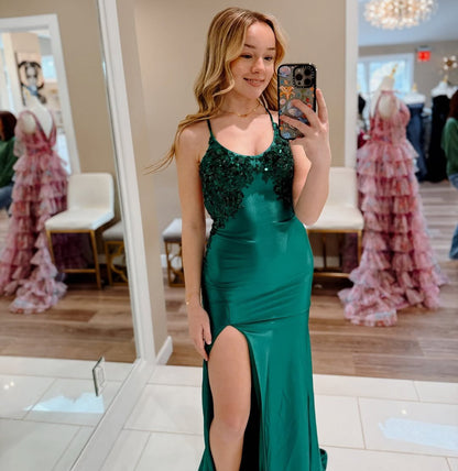 HE131-Vestido de fiesta largo de sirena con apliques de encaje y satén para mujer, con abertura lateral, sexy, sin espalda, para fiesta formal