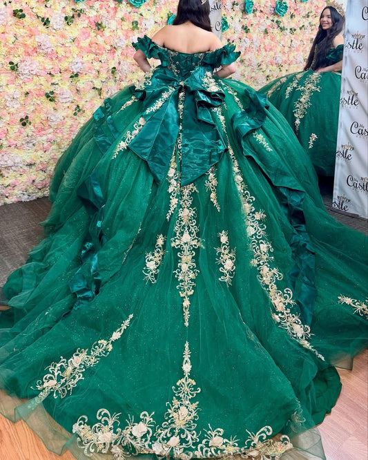 HE069-Off Shoulder Emerald Gergeous Quinceanera Dresses Tulle Lace Appliques Sweet 16 Birthday Party Gowns