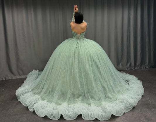 HE166-Gergeous Off Shoulder Ball Gown Quinceanera Dresses for Sweet 16 Tulle Lace Ruffles Princess Birthday Party Gowns with Detachable Sleeves