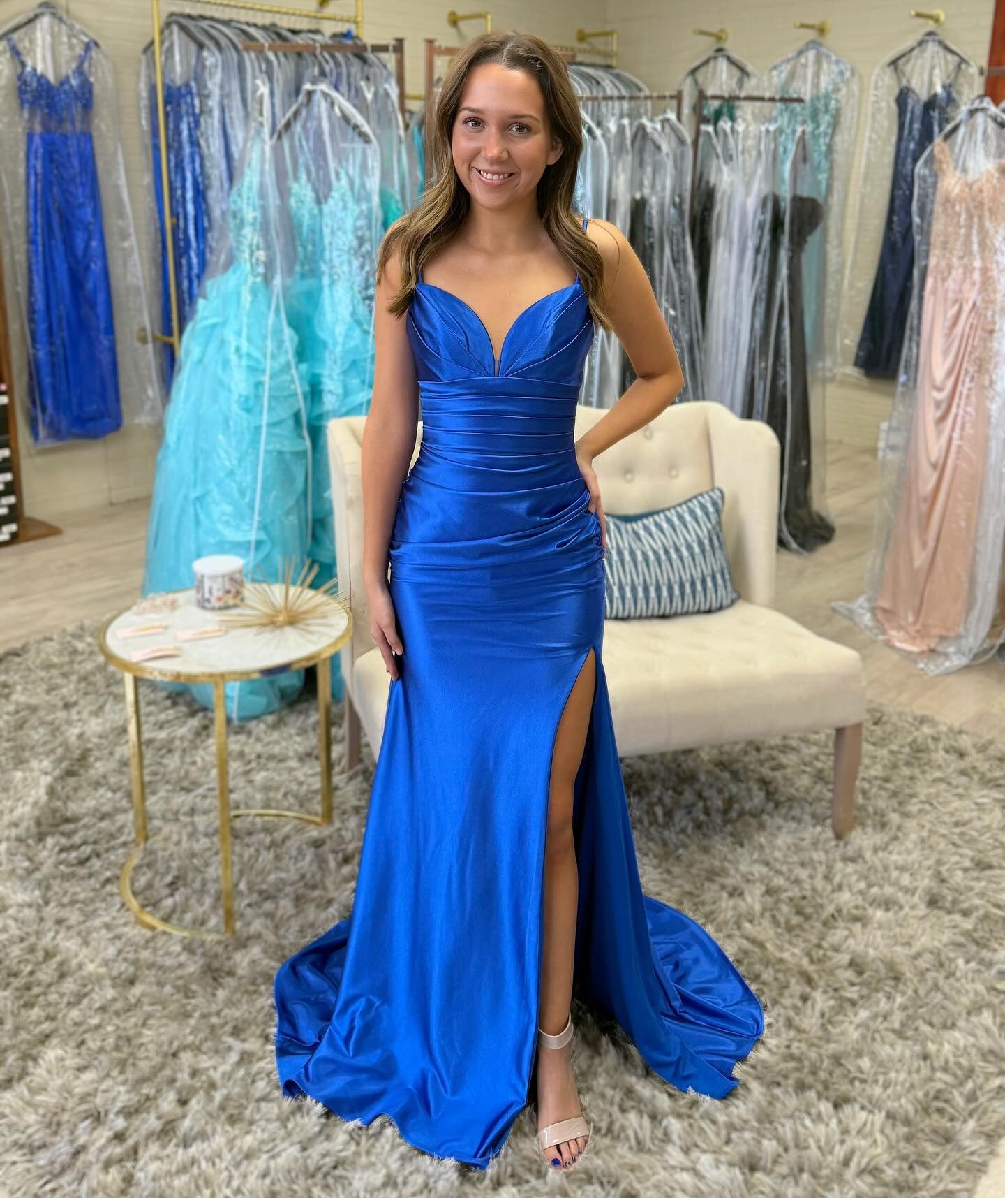 Women's Royal Blue Satin Mermaid Prom Dresses Long Evening Party Gowns with Slit HE099
