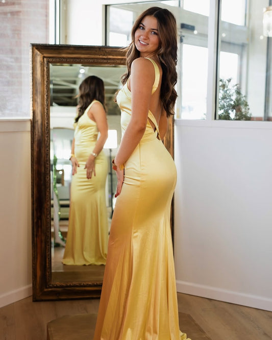 HE113-Yellow Satin V Neck Long Prom Dresses with Spaghetti Straps Sheath Evening Gowns Sexy Backless Party Dresses