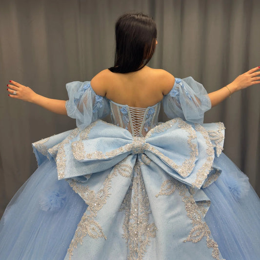 HE165-Sky Blue Sweetheart Quinceanera Dresses Princess Ball Gown Tulle Beaded Sweet 16 Birthday Party Dresses with Detachable Sleeves
