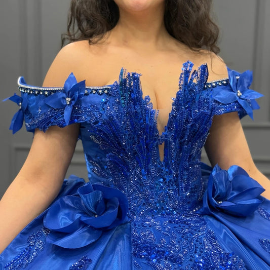 HE164-Vestido de quinceañera de princesa con encaje satinado y cuentas, vestido de baile con flores 3D y hombros descubiertos, vestido de fiesta de cumpleaños real para dulces 16