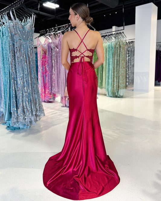 HE195-Mermaid Satin Lace Beaded Evening Dresses with Slit Corset V Neck Prom Gowns Spaghetti Straps Party Dresses Long