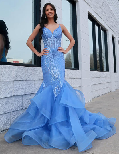 Mermaid V Neck Corset Lace Prom Dresses Long Ruffles with Spaghetti Straps HE977