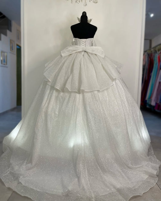 HE238 - Hermosos vestidos de quinceañera de tul brillante con cuentas y hombros descubiertos, vestidos de princesa para cumpleaños.