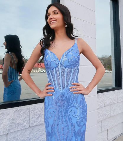 Mermaid V Neck Corset Lace Prom Dresses Long Ruffles with Spaghetti Straps HE977