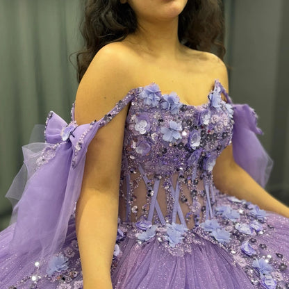 Lilac Quinceanera Dresses Tulle Lace Appliqued Birthday Prom Gowns for Sweet 16 HE163