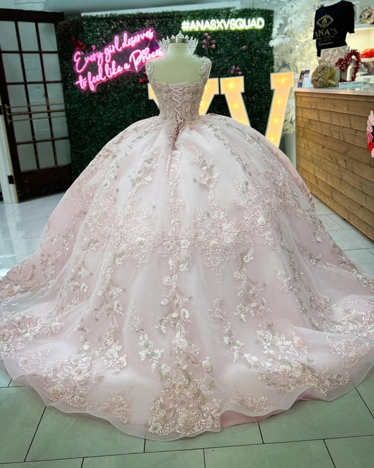 HE218-Precioso vestido de quinceañera con apliques de encaje de tul, vestido de fiesta de princesa con flores 3D para dulces 16