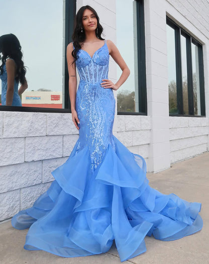 Mermaid V Neck Corset Lace Prom Dresses Long Ruffles with Spaghetti Straps HE977