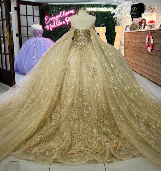 HE219 - Vestidos de quinceañera de tul brillante, vestido de baile de tul con encaje y cuentas, vestidos de fiesta de cumpleaños de 16 años, vestidos de fiesta con hombros descubiertos