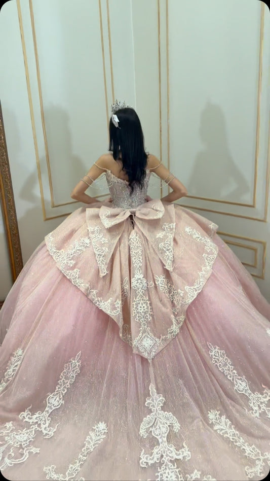 HE073-Pink Glittery Tulle Quinceanera Dresses Ball Gown with Detachable Sleeves Sweetheart Birthday Party Dresses