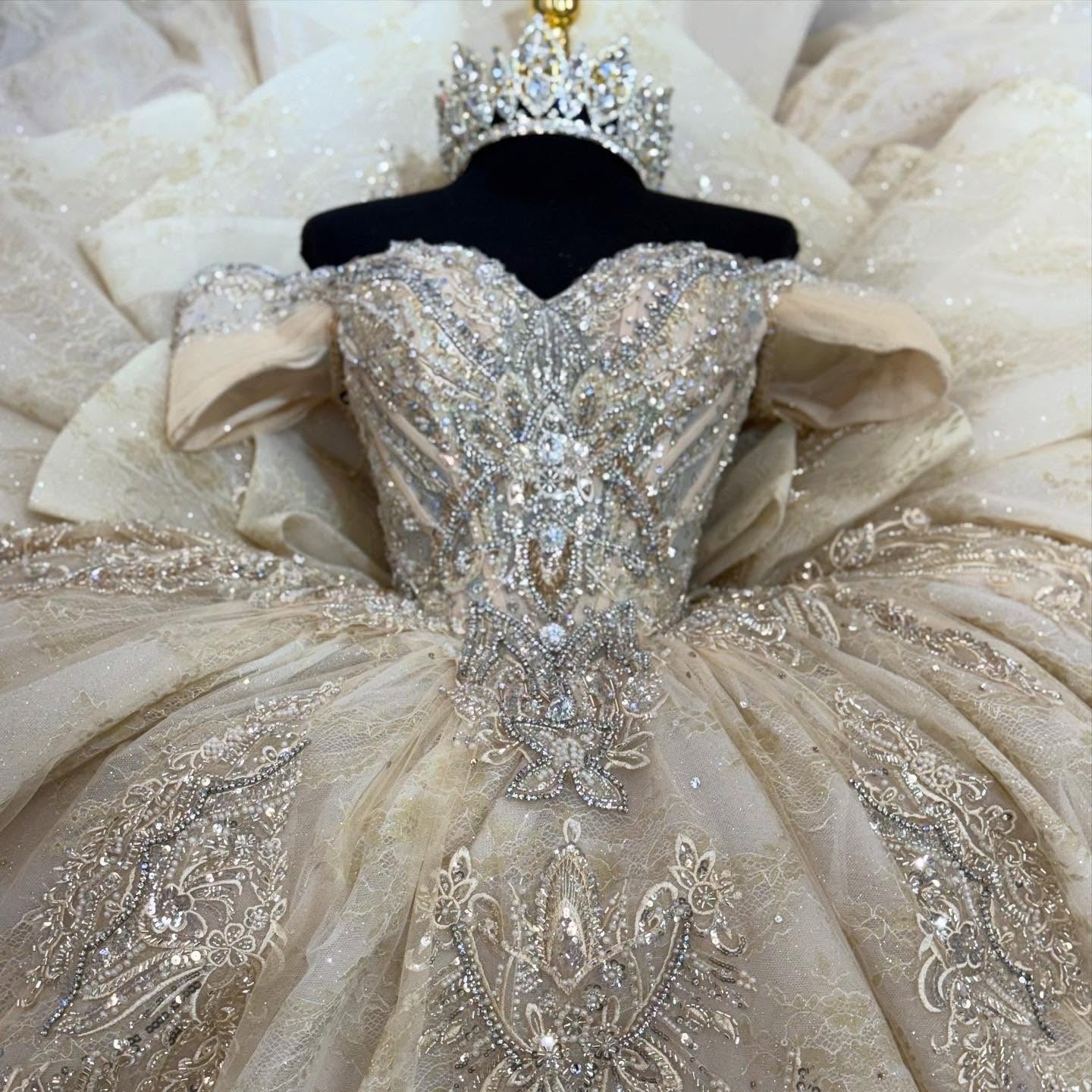 off the shoulder champagne quince dress 3D Floral Sequin Long Ball Gown Quinceaera Dress by LaDivine CD0185 The Dress Outlet