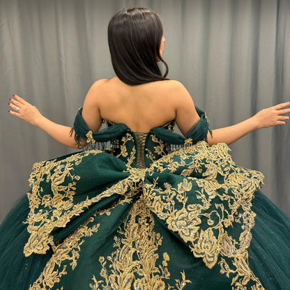 women emerald green quince dress Quinceanera Dress PR30134 By Princesa Emerald/Gold / 00