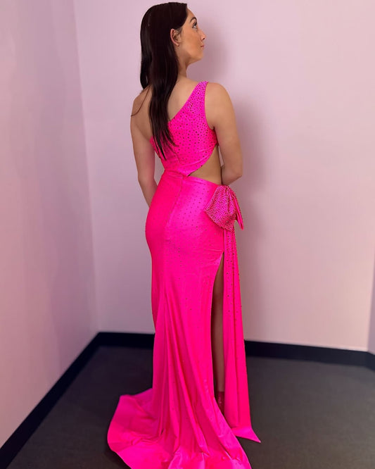 HE353-Women's Satin Beaded Prom Dresses One Shoulder Mermaid Party Gowns Side Slit Plus Size Evening Maxi Dresses