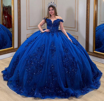 HE066 - Elegante vestido de quinceañera con hombros descubiertos, tul, encaje y cuentas, para fiesta de cumpleaños de 16 años