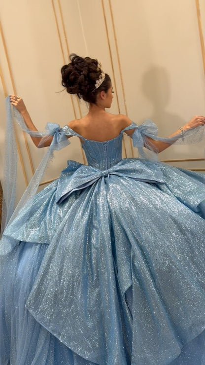 HE067-Vestido de quinceañera con hombros descubiertos, tul brillante y elegante, vestido de fiesta con corsé y parte superior, para fiesta de graduación y cumpleaños, para dulces 16