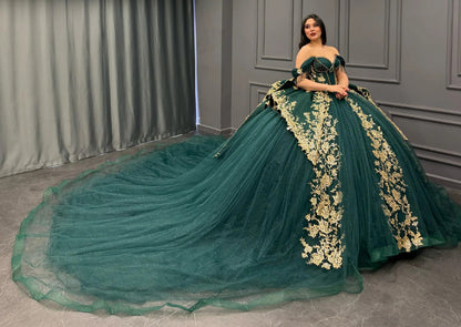 emerald green sweet 16 dress Misshow Exquisite Emerald Green Quinceanera Dress Off-Shoulder Gold Lace Ball Gown with Beaded Ruffles & Tulle Skirt for Sweet 16 or Princess Birthday