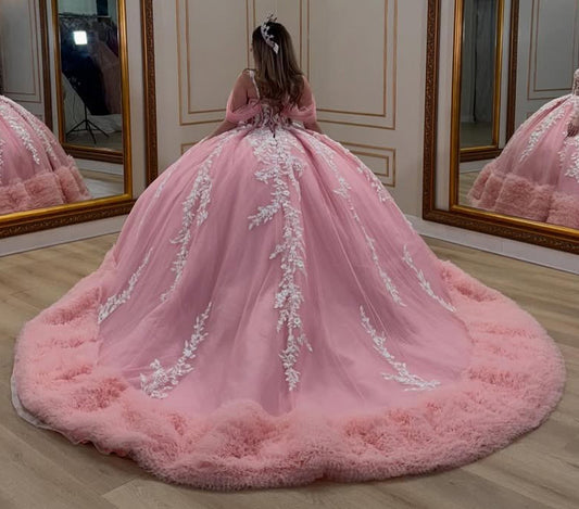 HE071-Off Shoulder Pink Ball Gown Quincenera Dresses Tulle Lace Appliques Beaded Birthday Prom Party Dress for Sweet 16