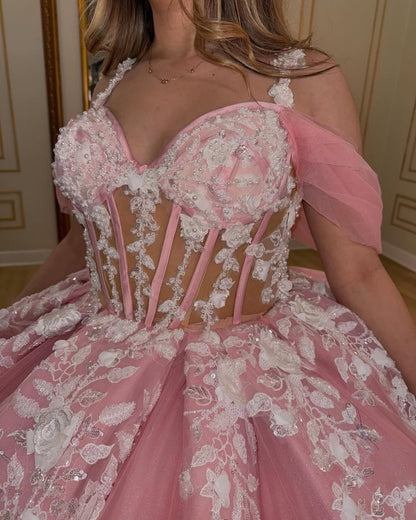 Pink Quincenera Dresses Tulle Lace Appliques Beaded Party Dress for Sweet 16 HE071