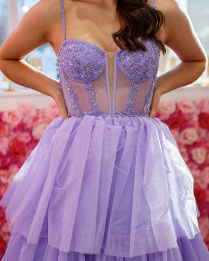 A Line Lilac Tulle Ruffles Prom Dresses Long Appliques Corset Evening Gowns HE135