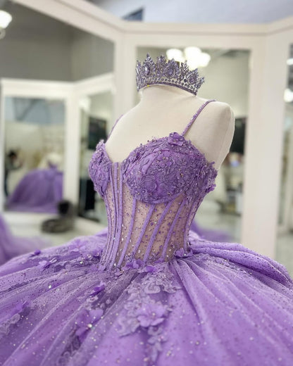 Lilac Sweetheart Princess Quinceanera Dresses Tulle Lace Beaded Party Gowns HE215