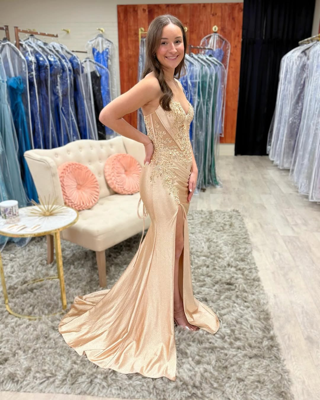 HE137-Vestido de fiesta largo con lentejuelas, encaje y cuentas, corte sirena, sin mangas, color champán, para mujer