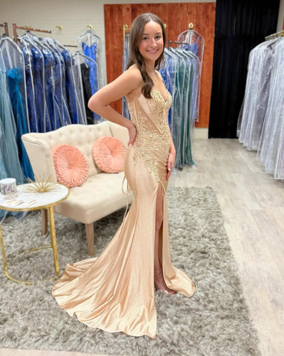 HE137-Vestido de fiesta largo con lentejuelas, encaje y cuentas, corte sirena, sin mangas, color champán, para mujer