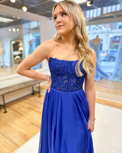 HE241-Chiffon A Line Prom Dresses Lace Appliques Evening Gowns Royal Plus Size Formal Party Dresses for Women