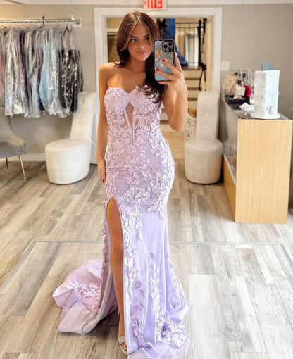 HE253-Sweetheart Tulle Lace Prom Dresses Long Appliqued Evening Party Gowns Mermaid Side Slit Formal Dress for Women