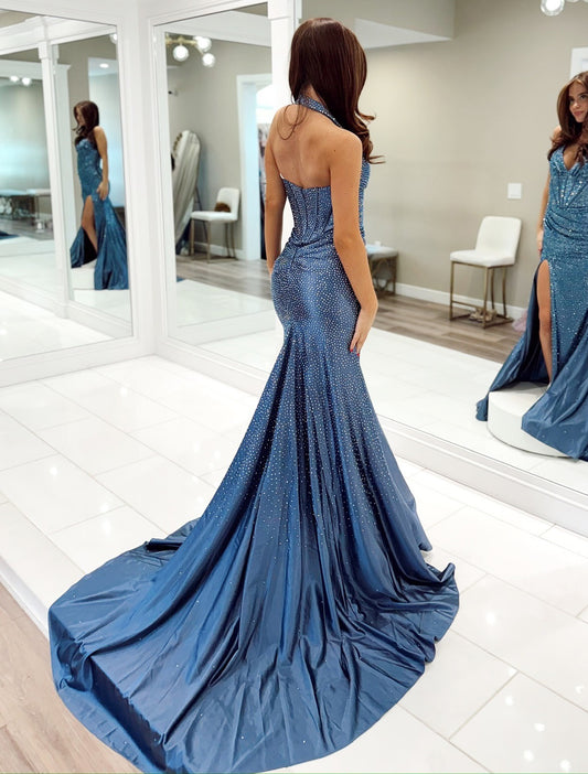 HE252-Sexy V Neck Prom Dresses Long with Slit Mermaid Satin Sequin Beaded Evening Gowns Backless Party Dress for Women