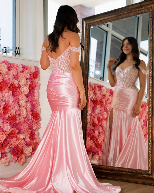 HE130-Off Shoulder Satin Lace Prom Dresses Long Mermaid Side Slit Evening Gowns Appliqued Beaded Party Dress for Women