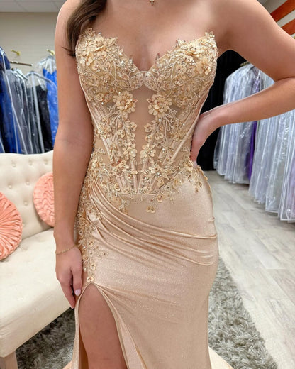 HE137-Vestido de fiesta largo con lentejuelas, encaje y cuentas, corte sirena, sin mangas, color champán, para mujer